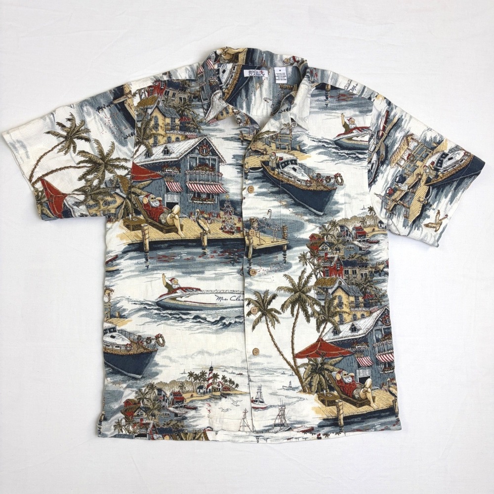 Boca Classics Mens Christmas Tropical Santa Boat Print Shirt Medium Cotton Rayon
